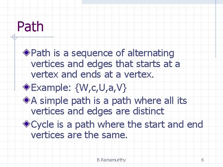 Path is a sequence of alternating vertices and edges that starts at a vertex Path is a sequence of alternating vertices and edges that starts at a vertex
