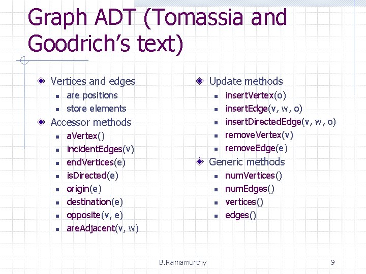 Graph ADT (Tomassia and Goodrich’s text) Vertices and edges n n Update methods are Graph ADT (Tomassia and Goodrich’s text) Vertices and edges n n Update methods are