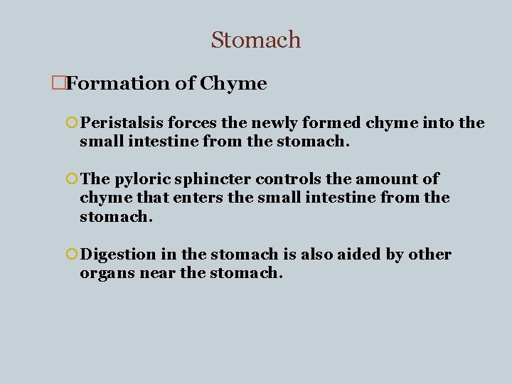 Stomach �Formation of Chyme Peristalsis forces the newly formed chyme into the small intestine