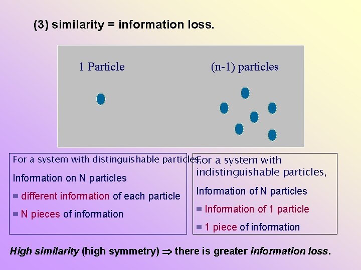 (3) similarity = information loss. 1 Particle (n-1) particles For a system with distinguishable