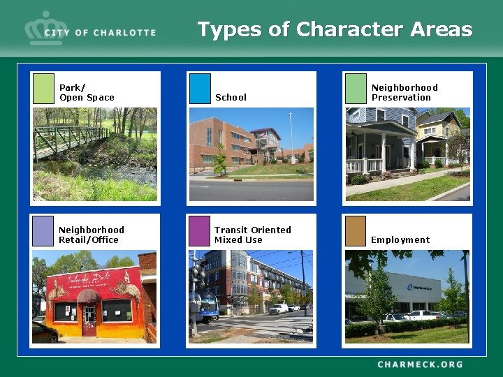 Types of Character Areas Park/ Open Space School Neighborhood Preservation Neighborhood Retail/Office Transit Oriented