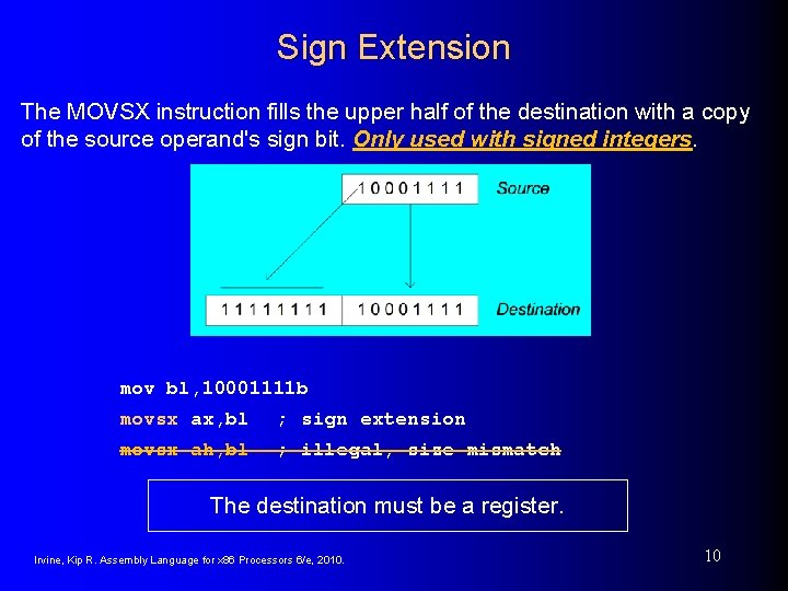 Sign Extension The MOVSX instruction fills the upper half of the destination with a