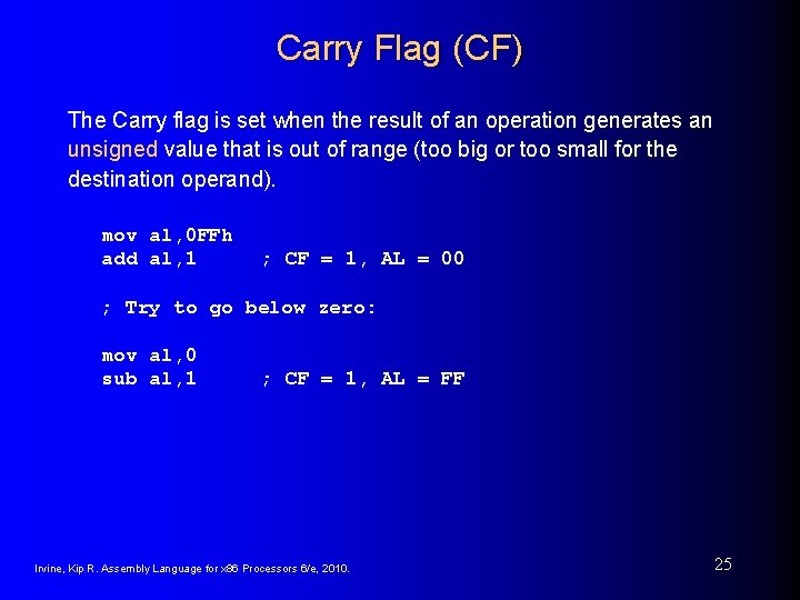 Carry Flag (CF) The Carry flag is set when the result of an operation