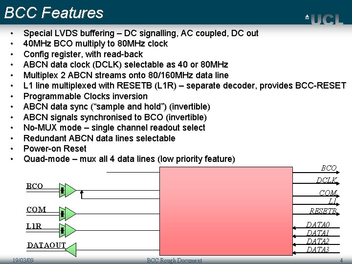 BCC Features • • • • Special LVDS buffering – DC signalling, AC coupled,
