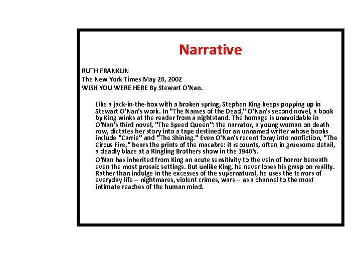 Narrative RUTH FRANKLIN The New York Times May 26, 2002 WISH YOU WERE HERE