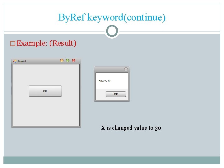 By. Ref keyword(continue) � Example: (Result) X is changed value to 30 