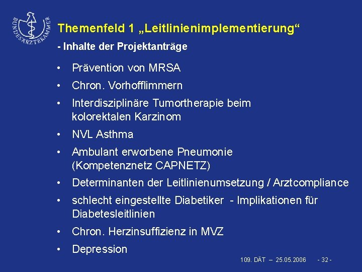 Themenfeld 1 „Leitlinienimplementierung“ - Inhalte der Projektanträge • Prävention von MRSA • Chron. Vorhofflimmern