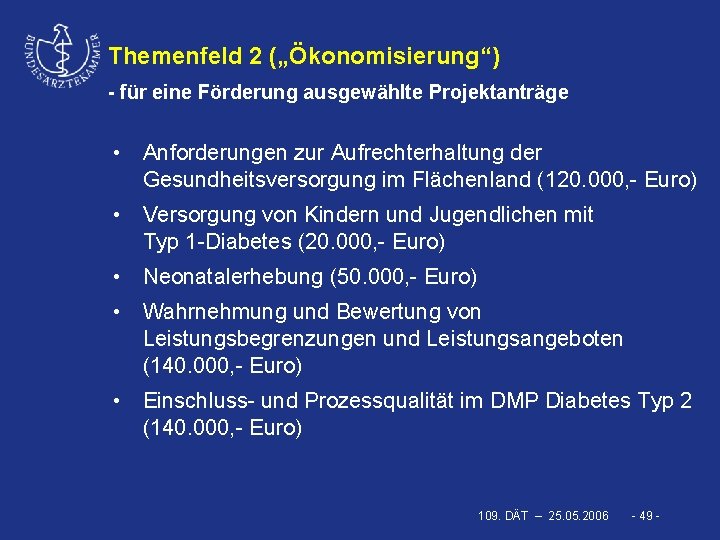 Themenfeld 2 („Ökonomisierung“) - für eine Förderung ausgewählte Projektanträge • Anforderungen zur Aufrechterhaltung der