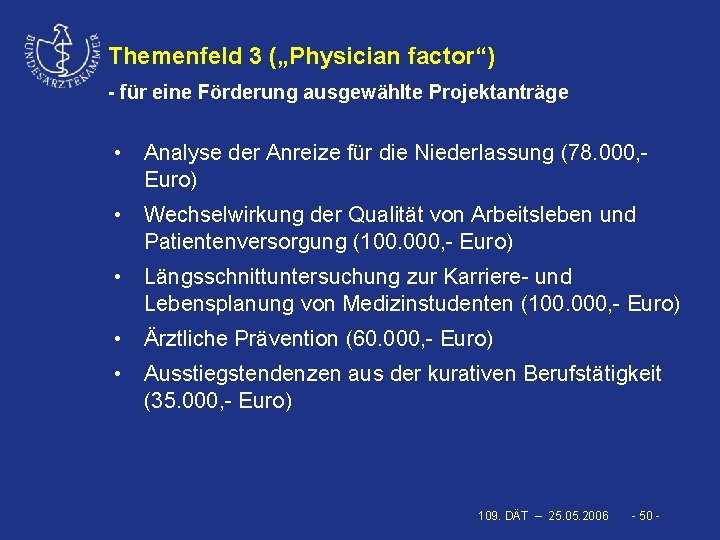 Themenfeld 3 („Physician factor“) - für eine Förderung ausgewählte Projektanträge • Analyse der Anreize