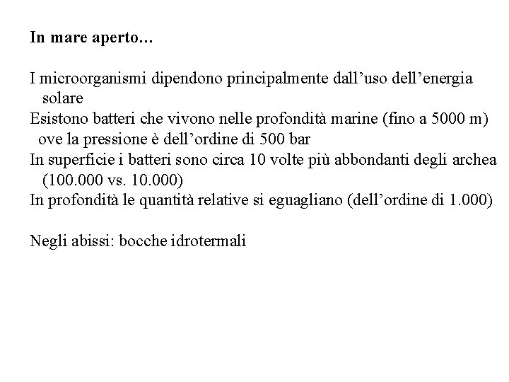 In mare aperto… I microorganismi dipendono principalmente dall’uso dell’energia solare Esistono batteri che vivono