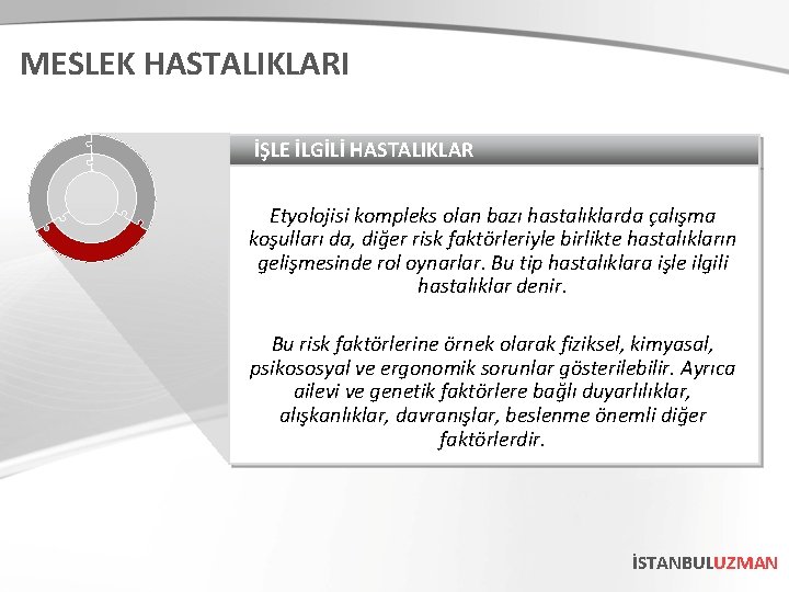 MESLEK HASTALIKLARI İŞLE İLGİLİ HASTALIKLAR Etyolojisi kompleks olan bazı hastalıklarda çalışma koşulları da, diğer