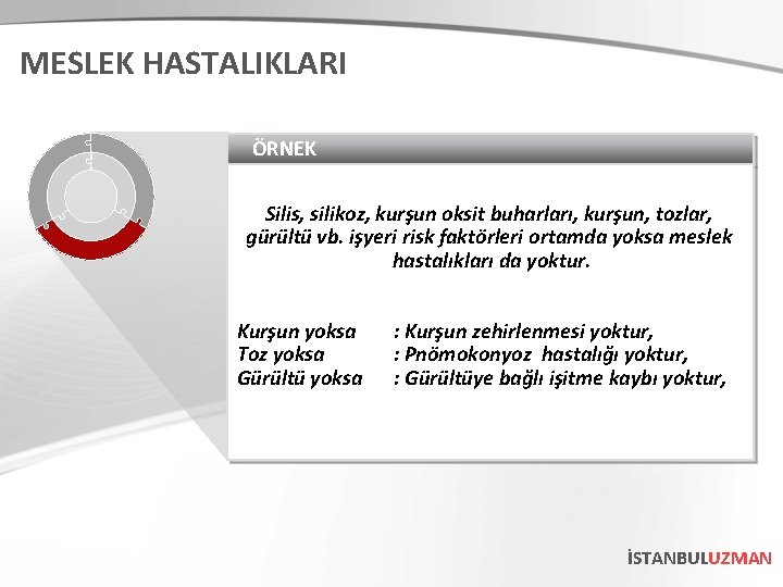 MESLEK HASTALIKLARI ÖRNEK Silis, silikoz, kurşun oksit buharları, kurşun, tozlar, gürültü vb. işyeri risk