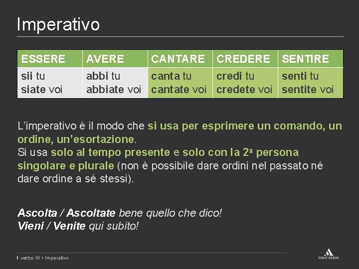 Imperativo ESSERE AVERE CANTARE CREDERE SENTIRE sii tu siate voi abbi tu canta tu