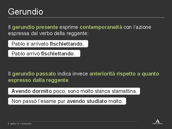 Gerundio Il gerundio presente esprime contemporaneità con l’azione espressa dal verbo della reggente: Pablo