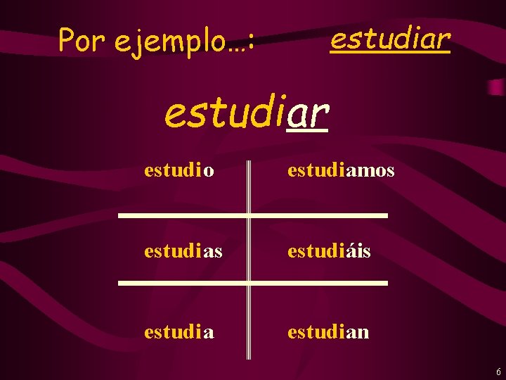 estudiar Por ejemplo…: estudiar estudi o estudiamos estudi as estudiáis estudi a estudian 6