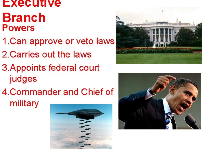 Executive Branch Powers 1. Can approve or veto laws 2. Carries out the laws