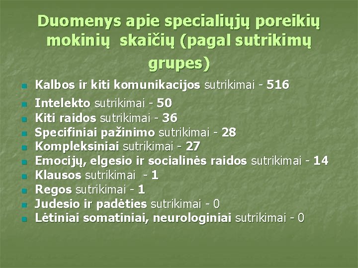 Duomenys apie specialiųjų poreikių mokinių skaičių (pagal sutrikimų grupes) n n n n n