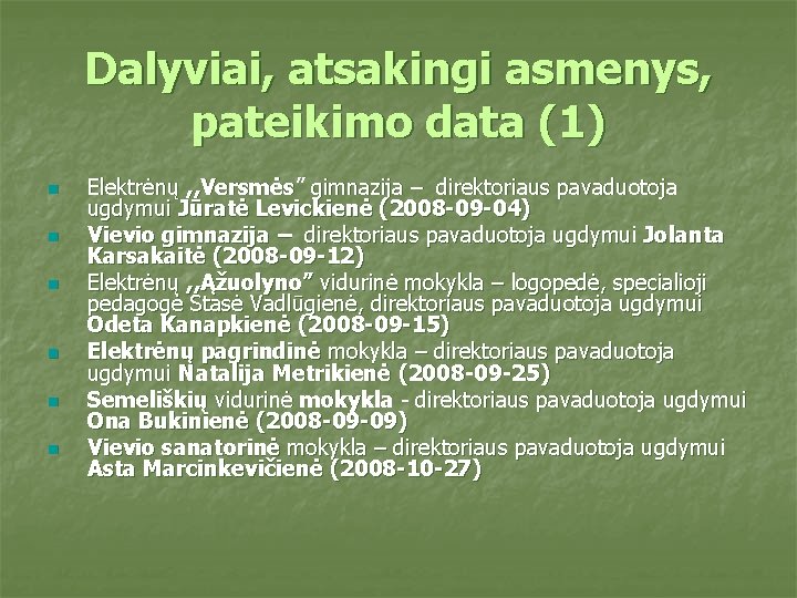 Dalyviai, atsakingi asmenys, pateikimo data (1) n n n Elektrėnų , , Versmės” gimnazija