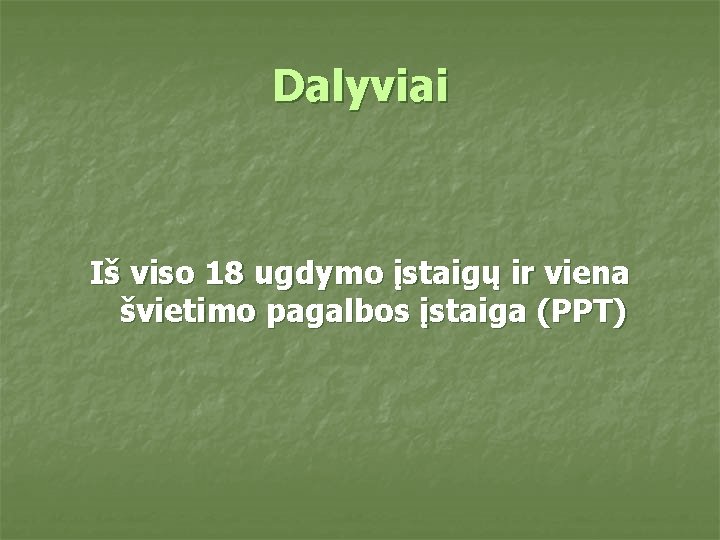 Dalyviai Iš viso 18 ugdymo įstaigų ir viena švietimo pagalbos įstaiga (PPT) 