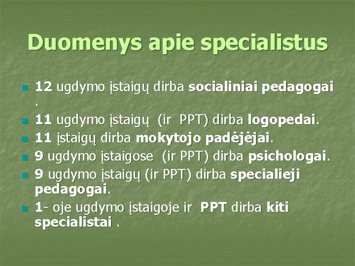 Duomenys apie specialistus n n n 12 ugdymo įstaigų dirba socialiniai pedagogai. 11 ugdymo