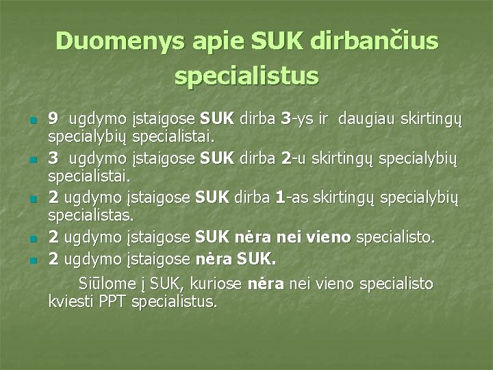 Duomenys apie SUK dirbančius specialistus n n n 9 ugdymo įstaigose SUK dirba 3