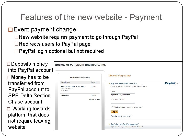 Features of the new website - Payment � Event payment change �New website requires