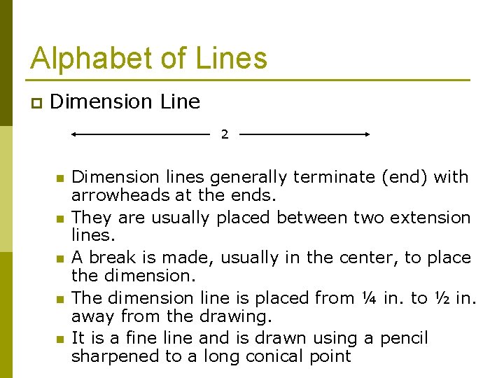 Alphabet of Lines p Dimension Line 2 n n n Dimension lines generally terminate
