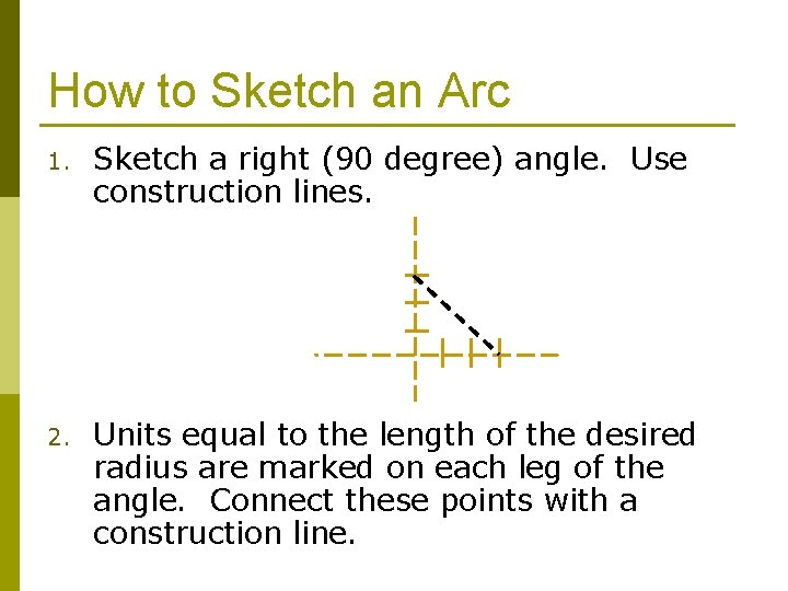 How to Sketch an Arc 1. Sketch a right (90 degree) angle. Use construction