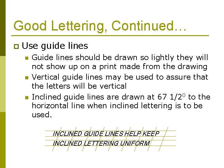 Good Lettering, Continued… p Use guide lines n n n Guide lines should be