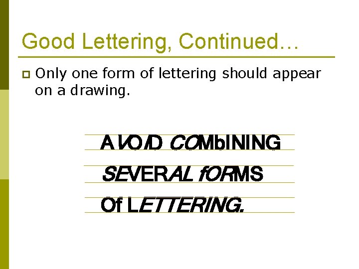 Good Lettering, Continued… p Only one form of lettering should appear on a drawing.