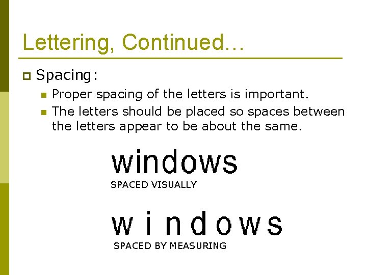 Lettering, Continued… p Spacing: n n Proper spacing of the letters is important. The
