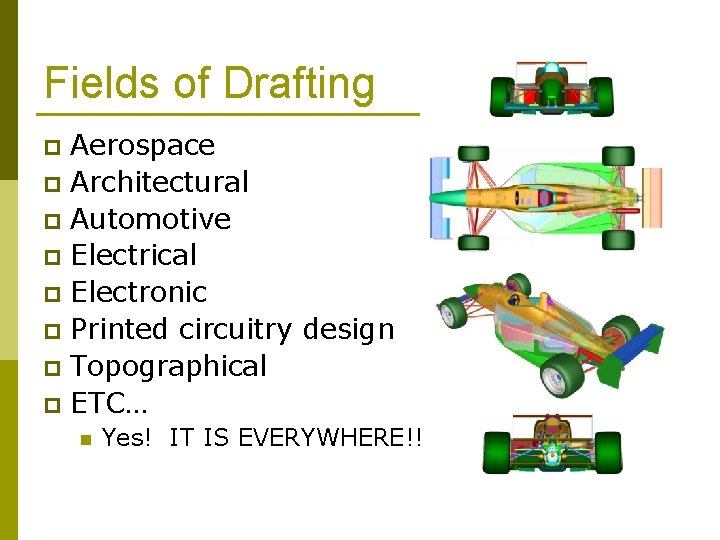 Fields of Drafting Aerospace p Architectural p Automotive p Electrical p Electronic p Printed