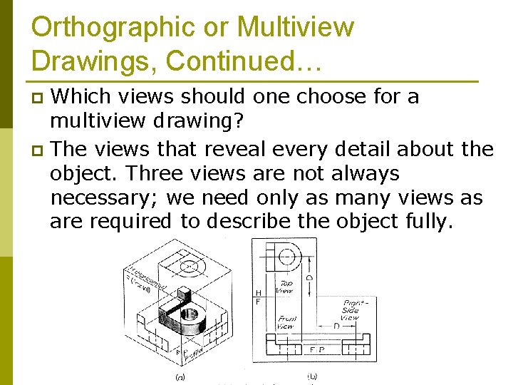 Orthographic or Multiview Drawings, Continued… Which views should one choose for a multiview drawing?