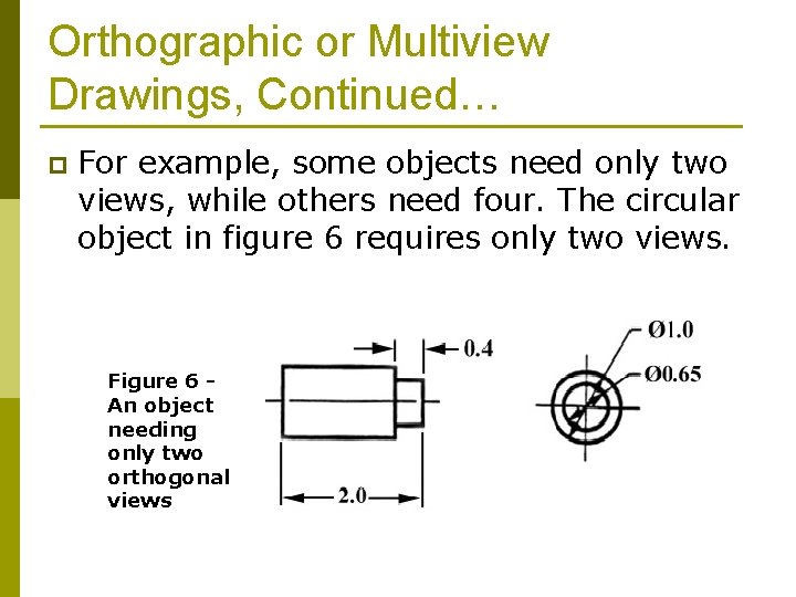 Orthographic or Multiview Drawings, Continued… p For example, some objects need only two views,