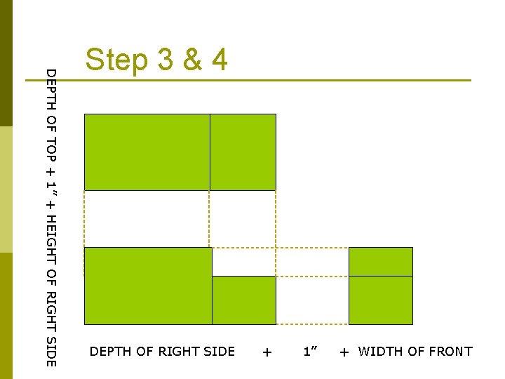 DEPTH OF TOP + 1” + HEIGHT OF RIGHT SIDE Step 3 & 4