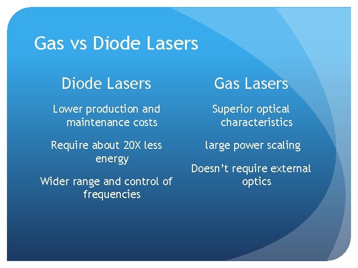 Gas vs Diode Lasers Gas Lasers Lower production and maintenance costs Superior optical characteristics