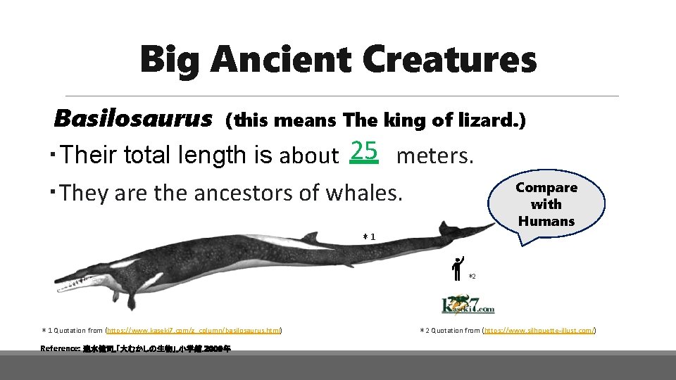 Big Ancient Creatures Basilosaurus (this means The king of lizard. ) ・Their total length