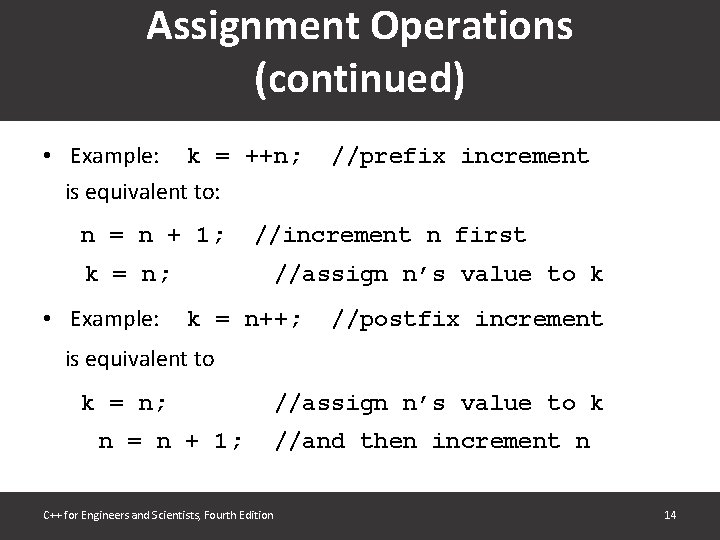 Assignment Operations (continued) • Example: k = ++n; is equivalent to: n = n Assignment Operations (continued) • Example: k = ++n; is equivalent to: n = n