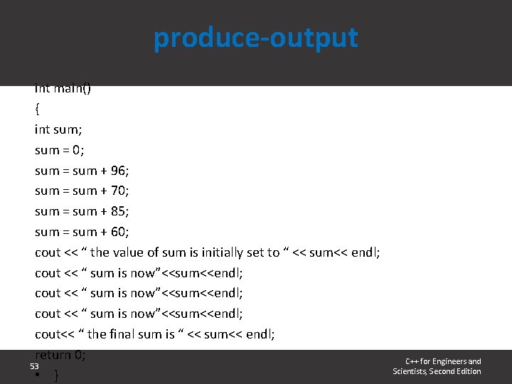 produce-output int main() { int sum; sum = 0; sum = sum + 96; produce-output int main() { int sum; sum = 0; sum = sum + 96;