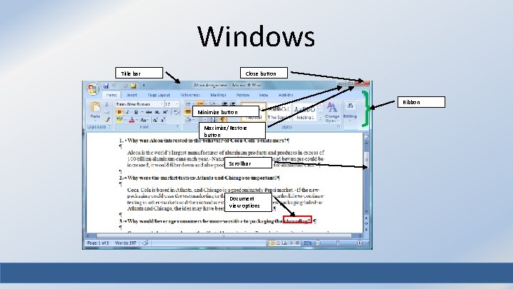 Windows Title bar Close button Ribbon Minimize button Maximize/Restore button Scrollbar Document view options