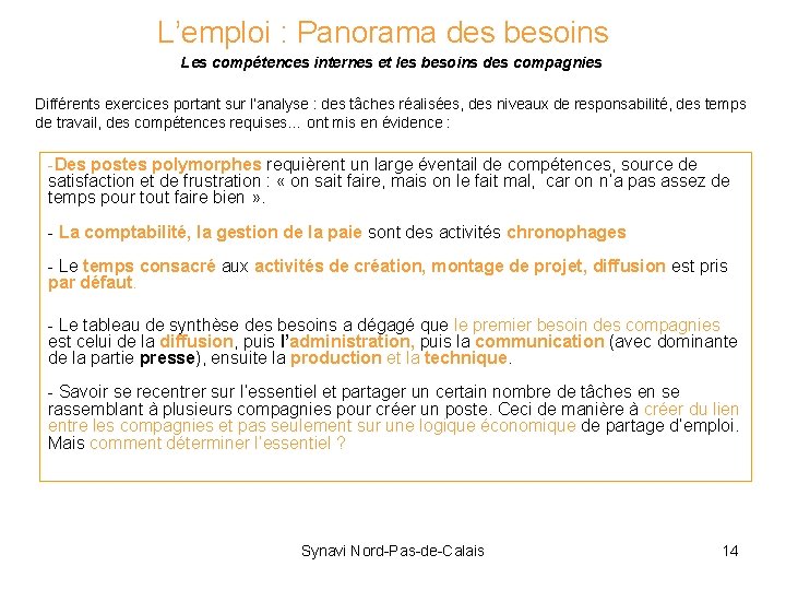 L’emploi : Panorama des besoins Les compétences internes et les besoins des compagnies Différents