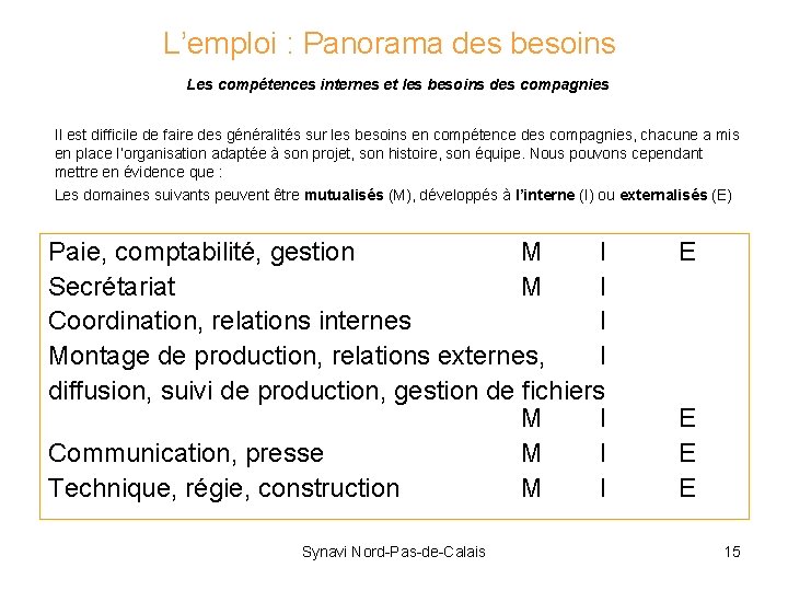 L’emploi : Panorama des besoins Les compétences internes et les besoins des compagnies Il