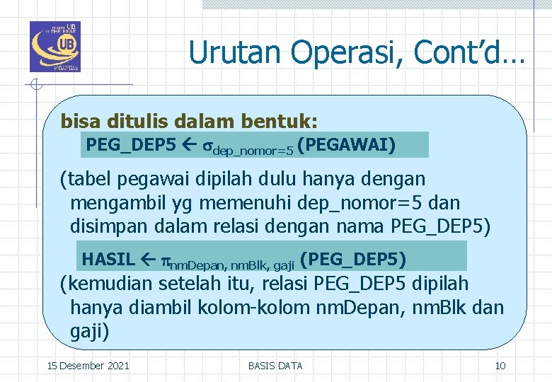 Urutan Operasi, Cont’d… bisa ditulis dalam bentuk: PEG_DEP 5 dep_nomor=5 (PEGAWAI) (tabel pegawai dipilah
