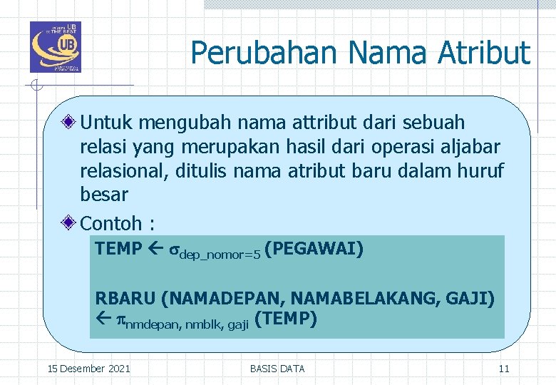 Perubahan Nama Atribut Untuk mengubah nama attribut dari sebuah relasi yang merupakan hasil dari