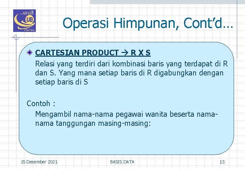 Operasi Himpunan, Cont’d… CARTESIAN PRODUCT R X S Relasi yang terdiri dari kombinasi baris