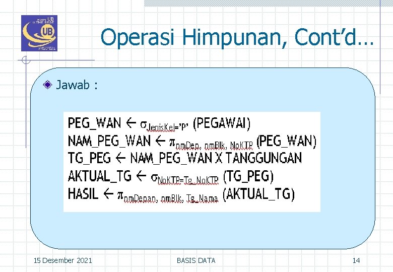 Operasi Himpunan, Cont’d… Jawab : 15 Desember 2021 BASIS DATA 14 
