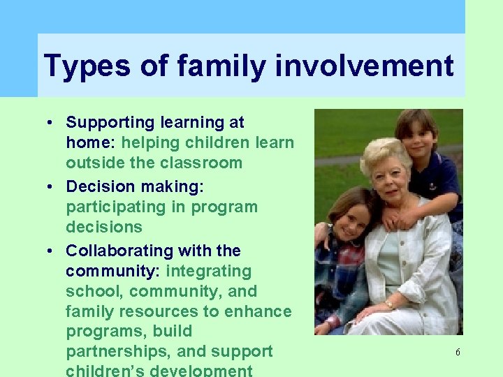 Types of family involvement • Supporting learning at home: helping children learn outside the Types of family involvement • Supporting learning at home: helping children learn outside the