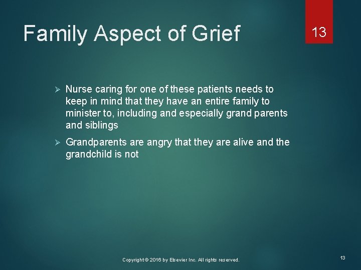 Family Aspect of Grief Ø Nurse caring for one of these patients needs to