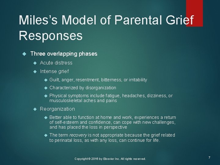 Miles’s Model of Parental Grief Responses Three overlapping phases Acute distress Intense grief Guilt,