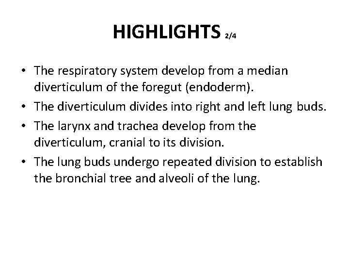 HIGHLIGHTS 2/4 • The respiratory system develop from a median diverticulum of the foregut